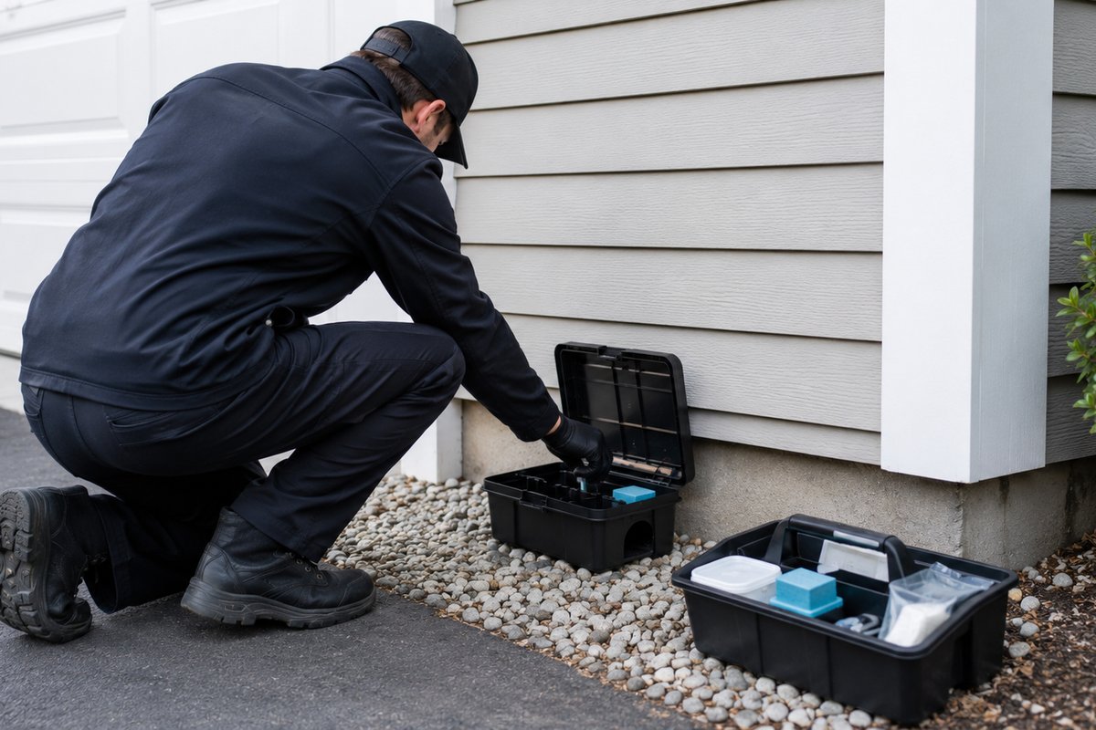 Technician kneeling to open and service a rodent bait station beside a garage wall