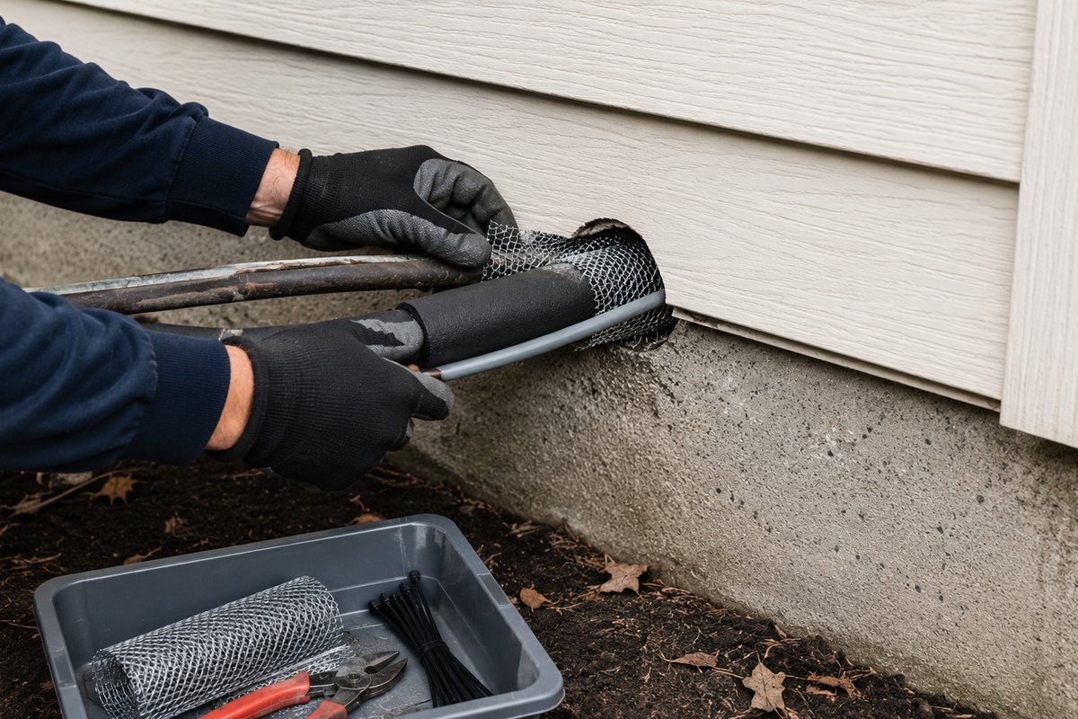 Steel mesh exclusion material fitted at a pipe penetration gap on a home's exterior wall