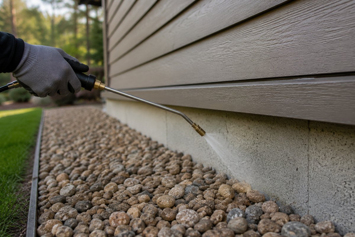 Perimeter treatment wand applying product along a home's foundation line