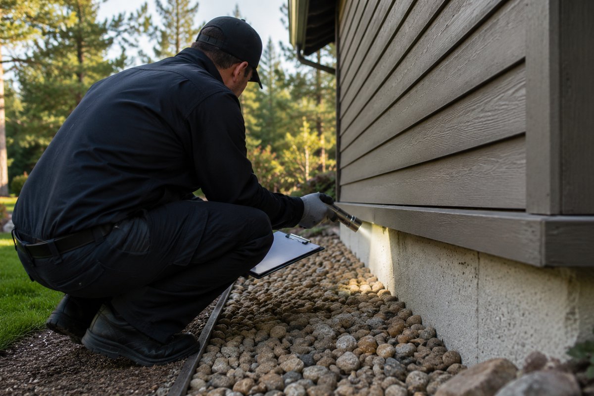 Technician crouched at a home's exterior corner, checking the foundation gap with a flashlight